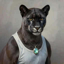 a portrait of a humanoid black puma wearing a tank top and a necklace with a glowing stone, painting by Randolph Stanley Hewton
