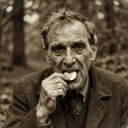 old retro burnt out sepia photograph with scratches of an old and wrinkled man biting into a golden coin with his teeth. magical forest in the background with bokeh. Antique. High quality 8k. Intricate. Sony a7r iv 35mm. Award winning. Zdzislaw beksinski style