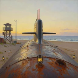 low point of view, low horizon, painting by dean cornwell, nc wyeth painting, ultra wide, vanishing point, 3 d perspective, beached submarine, incredible, award winning, up close, climbing, beaching, rust, sadness, golden hour, junk town, lanterns, lookout tower, telephone pole