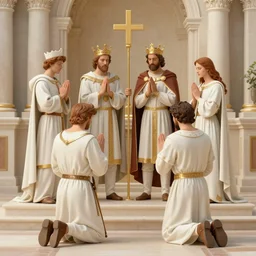 Four Saint Heroes, standing in front of the altar, pledging their loyalty to the king, kneeling before the Crown, digital art, holy lights, sharp, wallpaper 4K, UHD, detailed, trending on artstation and behance