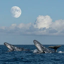 ocean in the sky, whales, clouds, moon, water