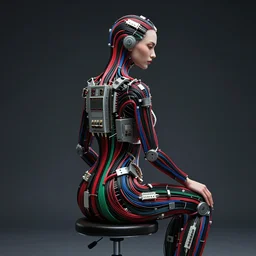 beauty woman made of electrical wiring sitting on a stool, red, black, green, blue wires, , very detailed, dramatic lighting, mechanical details, back facing, electrical details, high details, 4k, 8k, trending on artstation, by Hajime Sorayama and Boris Vallejo