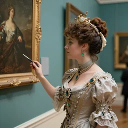 A gorgeous victorian era lady, dressed elegantly with highly detailed ornaments and jewelries, looks at a painting on wall, victorian art gallery, teal and orange color scheme, smooth, beautiful volumetric lighting, artstation, 8K, 4K