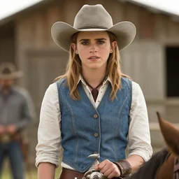 medium shot of emma watson as a cowboy in a western movie directed by sergio leone, sunset, promotional image, detailed face, movie still frame, techniscope 3 5 mm film