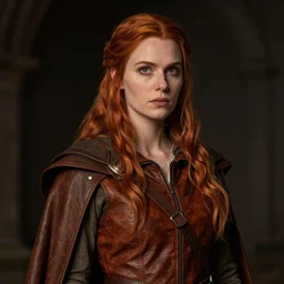 a portrait of a white woman in her twenties, she has long orange brown hair, leather brown vest with cape, medieval, style by donato giancola, wayne reynolds, jeff easley dramatic light, high detail, cinematic lighting, artstation, dungeons and dragons