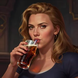 portrait of scarlett johansson drinking cola in team fortress 2 style, detailed face, dark fantasy art, fantasy, pretty, hd shot, digital portrait, beautiful, artstation, comic style, by artgerm, guy denning, jakub rozalski, magali villeneuve, neoartcore and charlie bowater