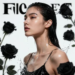 fierce glossy wet fashion model, splash, sweat skin, liquid metal dna, effervescent, black roses, poster art, ultradetail, hyperrealistic illustration, watercolor, deep mood, hyperrealism, 3 d, in the style of irakli nadar,