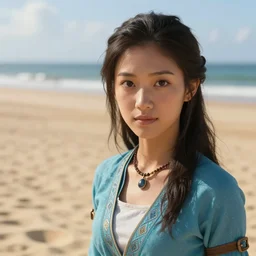 photo, real life katara from avatar, beach, sand 7 2 8 4 5 intrinsic details, highly artistic, volumetric lighting