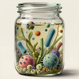 glass jar with very rich and very beautiful microbiological life and microorganisms inside botanical and zoological scientific illustration, made by Ernst Haeckel