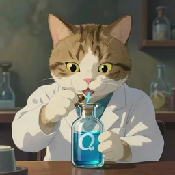 a cat dressed as a scientist filling a modern little bottle with iridescent blue liquid, the letter omega is paint on the bottle, art by studio ghibli and j. c. leyendecker and greg rutkowski and artgerm and aenaluck, portrait, d & d, fantasy, highly detailed, digital painting, headshot, trending on artstation, concept art, sharp focus