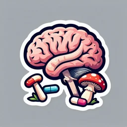 awesome logo of a brain and mushroom and pills with dank techno. synthwave colours. in the style of spirited away, hyperrealism, lush detail