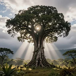 giant amazonian tree of the wind, god rays, surrealist, dmt, dmt, 5 meodmt, blissful landscape, mother ayahuasca, sacred, by christophe vacher