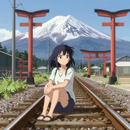“key visual of an anime girl sitting on train tracks, Mount Fuji and a tori gate behind her, pixiv”