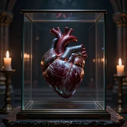 macro shot portrait of a real heart inside glass box on an altar, darkmagic realistic, dark magic in the air, inside a medieval dungeon with candles, grimdark magic ritual, 8 k, realistic render, octane render, unreal engine, style by greg rutkowski, intricate details, cinematic lighting