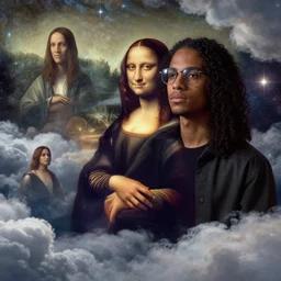 a young black man with long curly hair wearing glasses, on cosmic cloudscape, italian futurism, Dan Mumford, da vinci, Josan Gonzalez