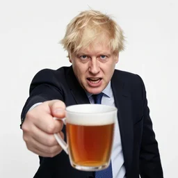 Boris Johnson angrily thrusting a mug full of tea toward the viewer while shouting.