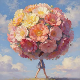 enormous flower head, woman walking, surreal, clouds in sky, impressionist painting, digital painting, artstation, rob gonsalves