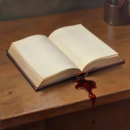 a beautiful painting of a single book bleeding ink onto a wooden desk, stylized realism, trending on artstation, concept art, horror themed