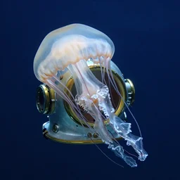 An underwater scene feature a jellyfish wrapped around an old divers helmet