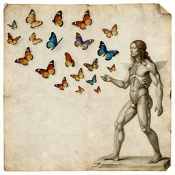 fantasy power, colourful butterflies in flight, swarming, by Leonardo da Vinci, anatomy, parchment, sacred texts, high detailed illustration