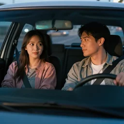 a couple sits in a car at a drive - in movie