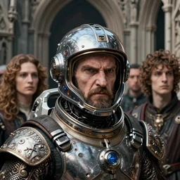 sci fi futuristic cyber astronaut king jan van eyck edward hopper and jenny saville and james jean closeup portrait of a medieval angry king with cyberpunk sci fi helmet, nicoletta ceccoli, mark ryden, lostfish, hyung tae, frank frazetta, depth of field, detailed and intricate gothic environment, 8 k resolution, hyperrealistic, octane render