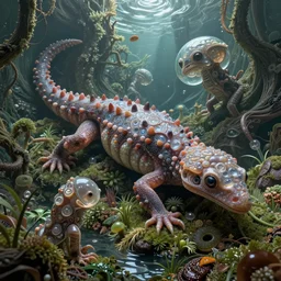 gekkolings, fluida, retro futurism octane render, lush layered biomechanical fauna, artificia, nudibranch, the omni, mollis, gekko soles gelatin brains, phantastica, aliena, gelatinosis glass, chaos, unspaceship, by peter mohrbacher, vortices micro water, fluox symbiosi crusta