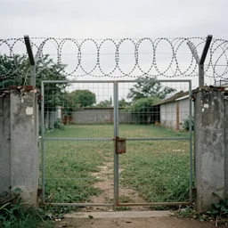 a gate surrounded by barbed wire next to an empty yard, photography, documentary, color