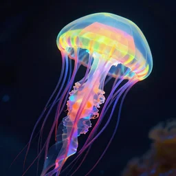 Prismatic Jelly fish with neon  colors, 4k, octane render, hyper realism, Volumetric Lighting, intricate artwork