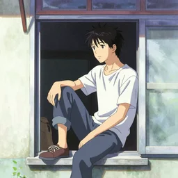 guy sitting in window, anime, detailed anime, manga anime, moebius, ufotable studio art style, colorful, faded effect, vaporwave,