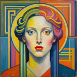 colorful art deco portrait, an ultrafine detailed painting by rafal olbinski, thomas cole, behance contest winner, pop surrealism, detailed painting, very detailed, minimalist, skeuomorphic, airbrush art