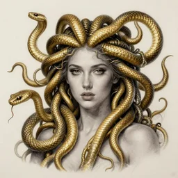 realistic portrait of beautiful medusa with her snakes, golden, delicate, hyper realism, 1 4 5 0, ink, ultra realistic, 8 k