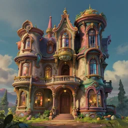 fantasy wavy futuristic victorian atompunk mansion, surreal, detailed, sharp details, architectural accents, colourful paint, ( ( ( reflexions on windows ) ) ), volumetric lights, depth of field, octane render, photorealism, 3 d art by disney pixar, studio ghibli, moebius
