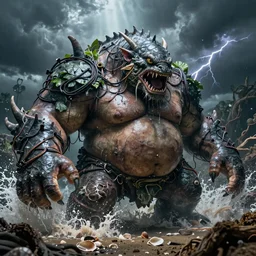 high resolution photo of an obese giant fighting sea creature, splash, sand, earth, shells, tree roots, dark clouds, foliage, veins, lightning, big muscles, sweat, slime, troll, fishlike, gills, dragonlike, grown together, overgrown, electronic wires, god rays, dark, skin, plastic wrap,