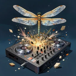 A magical DJ mixer is exploding in several fragments artwork by Tomer Hanuka Rendering with an giant dragonfly flying over it. full of details, by Makoto Shinkai and thomas kinkade, Matte painting, trending on artstation and unreal engine