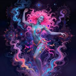 psychedelic [ chemiluminescence ] [ [ [ smiling ] ] ] dancing sexy female chakra spirit with pink hair smoke and fluid dynamics, colorful, psychedelic, ornate, intricate, digital painting, concept art, smooth, sharp focus, illustration, blacklight reacting, art by artgerm and greg rutkowski n 9