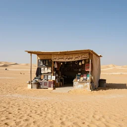 a small shop sits alone in the middle of the egyptian desert, digital art, highly detailed, realistic, bright colors, 8 k