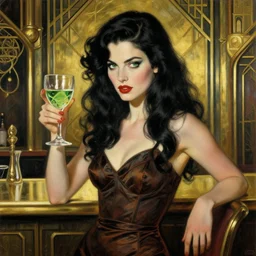 a crafty seductive woman in a cocktail dress holding a glass of absinthe. she has long wavy black hair and green eyes and a direct gaze. she is in a brass retro futuristic art deco bar. beautiful painting by artgerm and greg rutkowski and alphonse mucha