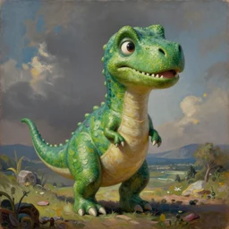 a green anthropomorphic dinosaur, art by jesper ejsing, adorable and whimsical, oil on canvas, photorealism, ornate detail