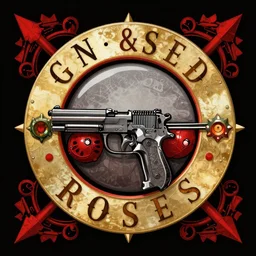 guns and roses on a crimson and black background, intricate illustration