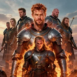 stunning portrait of waggish ( ( ( ( copper haired chris hemsworth ) ) ) ) as destruction from sandman looking like kristofer hivju!!, medival armour!!, fire!!!, at dawn, by jeremy mann, by frank moth, jeff easley, alphonse mucha, dave mckean, soft lightning, high detailed, 8 k