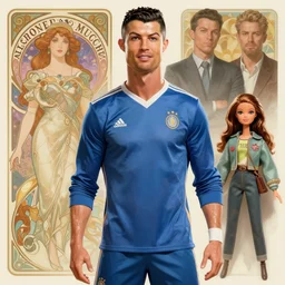 Cristiano Ronaldo and the Barbie doll the Matrix movie character, highly detailed, digital fantasy character, painted portrait, artstation, concept art, hard focus, illustrations, works by Artgerm and Greg Rutkowski, Alphonse Mucha and Craig Mullins, James Jean, Andrey Ryabovichev, Mark Simonetti and Peter Morbacher, 16k,