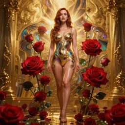 perfectly - centered!! looking at the camera!!! full body portrait of christina hendricks with roses in bladerunner 2 0 4 9, wet, shiny, shiny skin, bright lighting, godrays, golden, baroque style, roses, intricate abstract upper body intricate artwork, by tooth wu, wlop, beeple, dan mumford. concept art, octane render, deviantart, greg rutkowski, cinematic arthouse, key art, hyper realism, iridescent accents