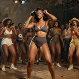 a light skinned black woman, wearing a two piece swimsuit, in the middle of a concert, taking photographs, dancing, as a classic painting