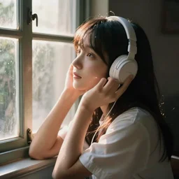 anime girl listening to music while looking out the window melancholically