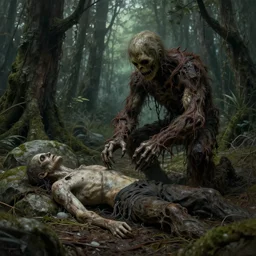realistic photo of the swamp thing, through the creepy forest, on the way lies a rotting corpse among the rocks. and he takes it in his hands. deep focus, intricate, elegant, highly detailed, digital painting, station art, concept art, matte, sharp focus, illustration, art by artgerm and greg rutkowski and alphonse mucha