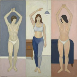 An abstract painting depicting three figures in three different rooms doing different poses, pastel colours, interesting geometry