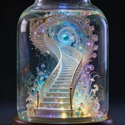 magical staircase inside a glass bottle, stunning, beautiful, breathtaking, reflections, bio - luminescence, fantasy, hyper - realistic, unreal engine, pattern, fractal, highly detailed, deep focus, elegant, digital painting, smooth, sharp focus, illustration, ultra realistic, 8 k, art by artgerm and greg rutkowski and alphonse mucha