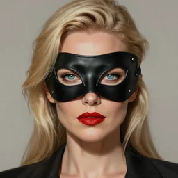 portrait of a confident and mature looking northern blond lady in black leather mask, beautiful blue eyes and red lips, art by artgerm and greg rutkowski and magali villeneuve, highly detailed, digital painting, trending on artstation, concept art, sharp focus, illustration