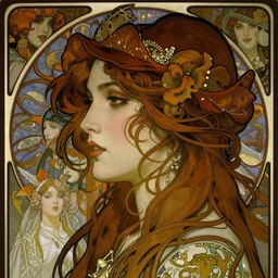 realistic detailed face profile portrait of Mia Kirschner by Alphonse Mucha, Ayami Kojima, Amano, Charlie Bowater, Karol Bak, Greg Hildebrandt, Jean Delville, and Mark Brooks, Art Nouveau, Neo-Gothic, gothic, Mia Kischner, rich deep moody colors